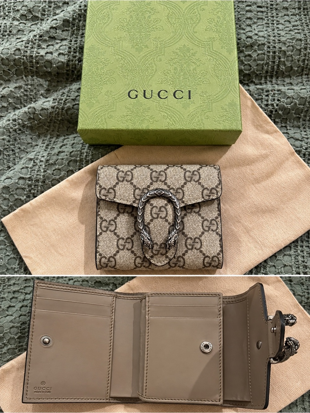 Gucci Beige GG Supreme Mini Wallet with Silver Tiger Head Hardware